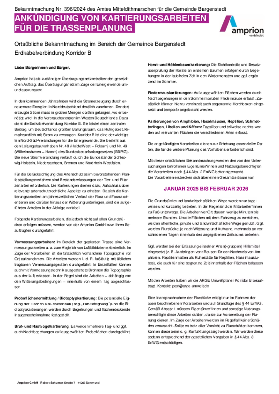 Nr. 396 Ortsübliche Bekanntmachung im Bereich der Gemeinde Bargenstedt Erdkabelverbindung Korridor B